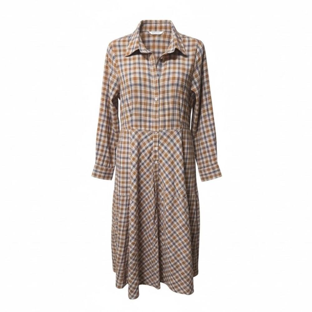 Better Be Plaid Button Front Midi Dress Large Brown Rust Plaid Long Sleeve